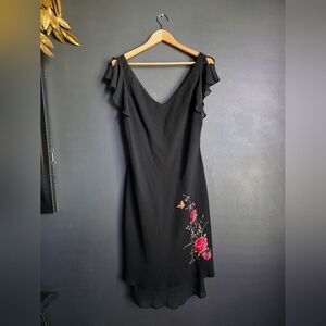 Vintage Y2K Embroidered Floral Black Polyester Chiffon Fit Flare Dress Sz 14